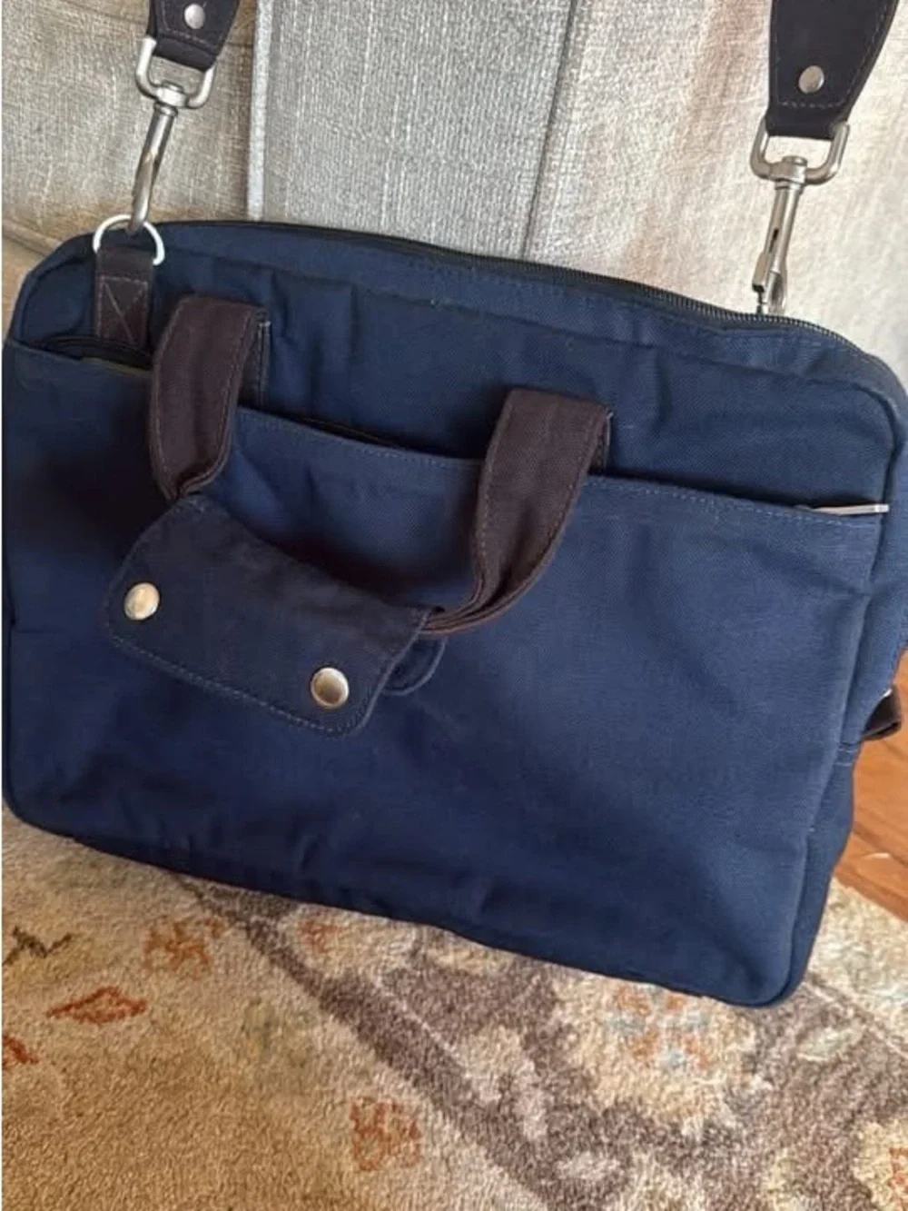 Jack Spade Navy Canvas Laptop Briefcase with Dark Brown Accents